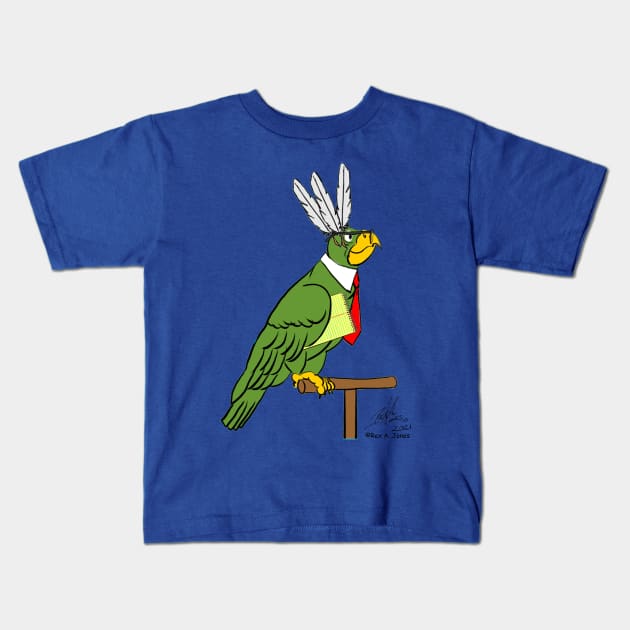 Oscar the Catoon Parrot as a Secretary Bird Kids T-Shirt by Laughing Parrot